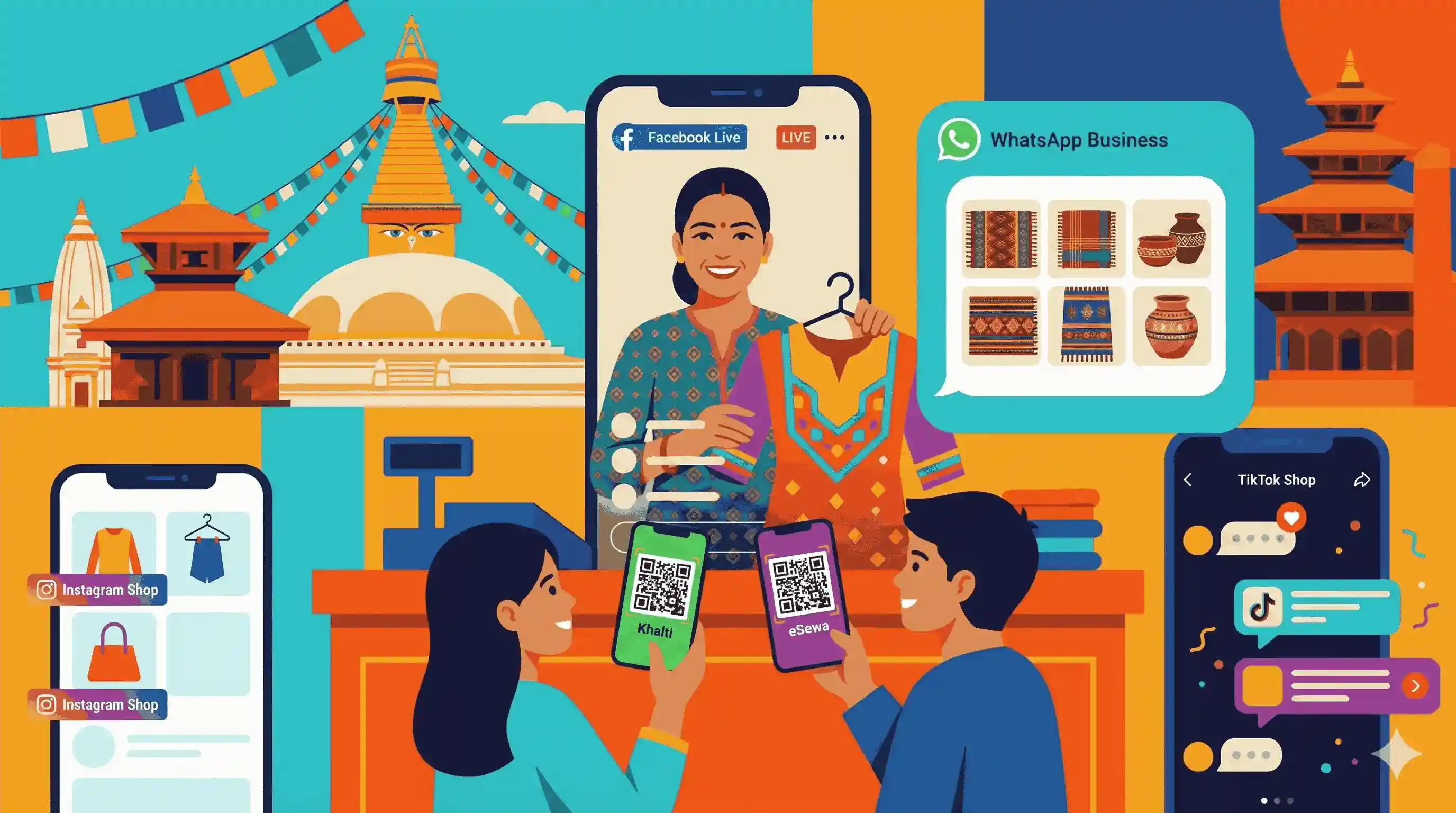 Social commerce in Nepal showing Facebook Marketplace seller managing orders, Instagram Shopping product tags, and WhatsApp Business catalog used by Kathmandu and Pokhara entrepreneurs