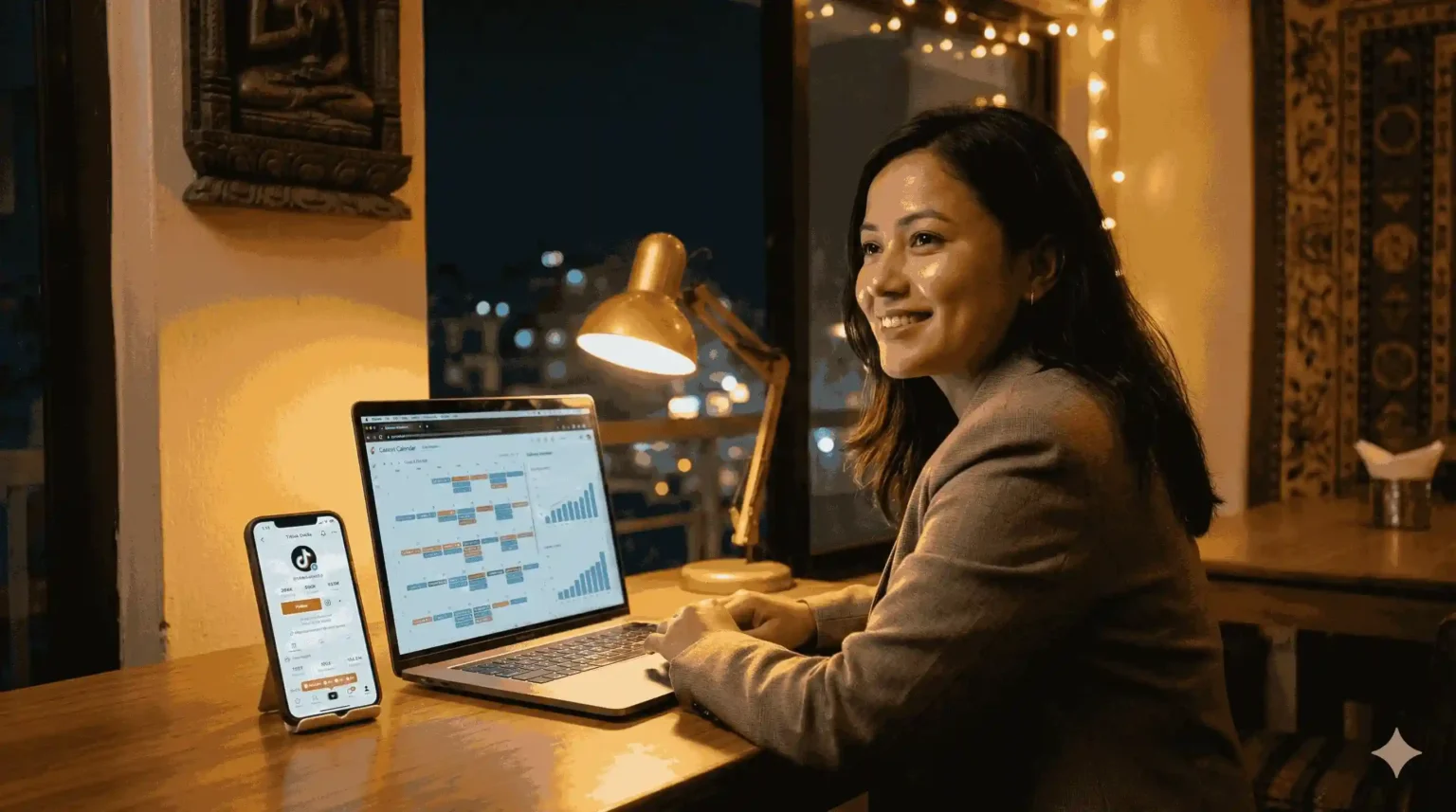 Young Nepali entrepreneur creating content marketing strategy in a Kathmandu café with rising social media analytics